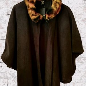 Black Poncho with Faux Fur Collar O/S NWT
